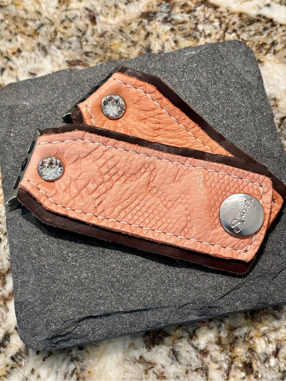 Leather Snap Watch Band in Peach with Crystal Accents